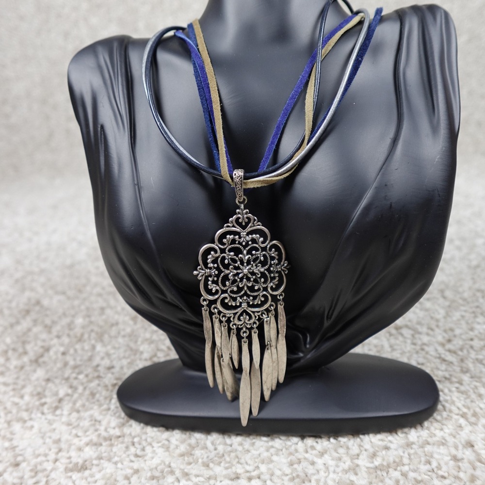 Boho Silver Tone Filigree Dangle Pendant Multi Strand Cord Necklace - Picture 2 of 8